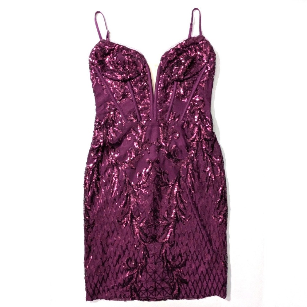 DB Studio Short Allover Sequin Illusion Plunge Mini Dress Sz 4 Purple NWT - Picture 3 of 14